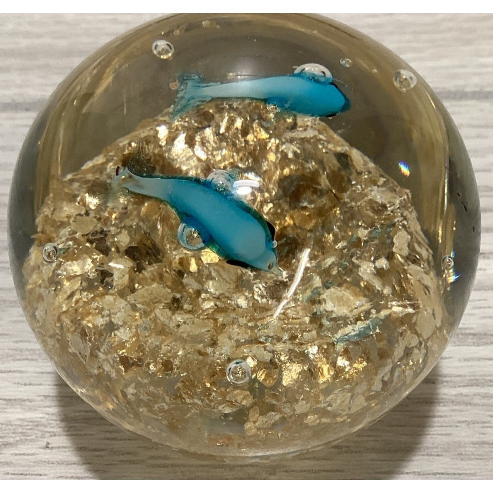 Art Deco Glass Paperweight 3x2.75" Gold Fleck Ocean‎ w/ Two Blue Dolphins